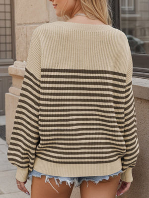 Horizontal stripe drop shoulder knit sweater in beige and dark brown acrylic, with balloon sleeves.