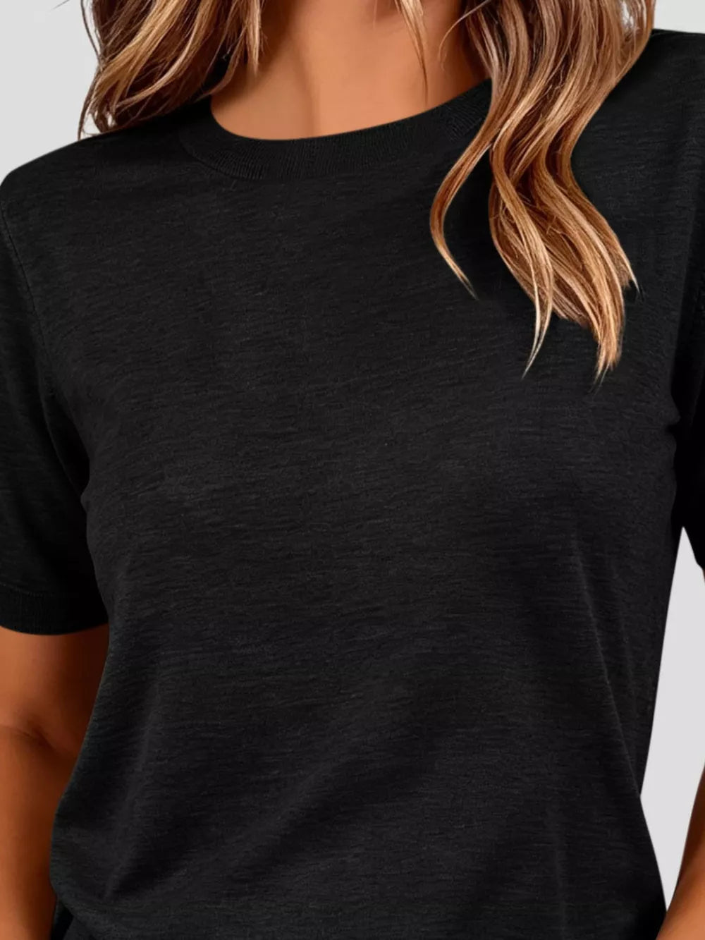 Classic Crew Neck Short Sleeve Knit Top in Dark Brown, side view