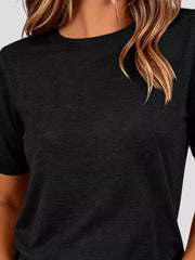 Classic Crew Neck Short Sleeve Knit Top in Dark Brown, side view
