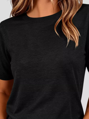 Classic Crew Neck Short Sleeve Knit Top in Dark Brown, side view