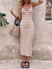Ribbed striped bodycon midi dress in cream with pink stripes, V-neck, sleeveless.