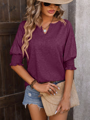 Deep Purple Keyhole Neckline Shirred Sleeve Top with gathered cuffs