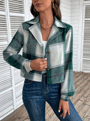 Green plaid cropped shirt jacket with statement collar and button front.