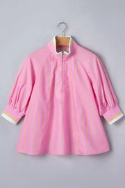 Pink striped half-zip polo shirt with white collar and cuffs