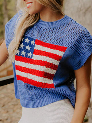 Blue acrylic knit top with American flag graphic, crew neck, and short sleeves.