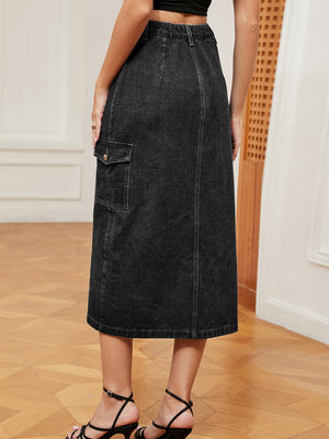 Denim midi skirt in dark wash with thigh slit and cargo pocket detail.
