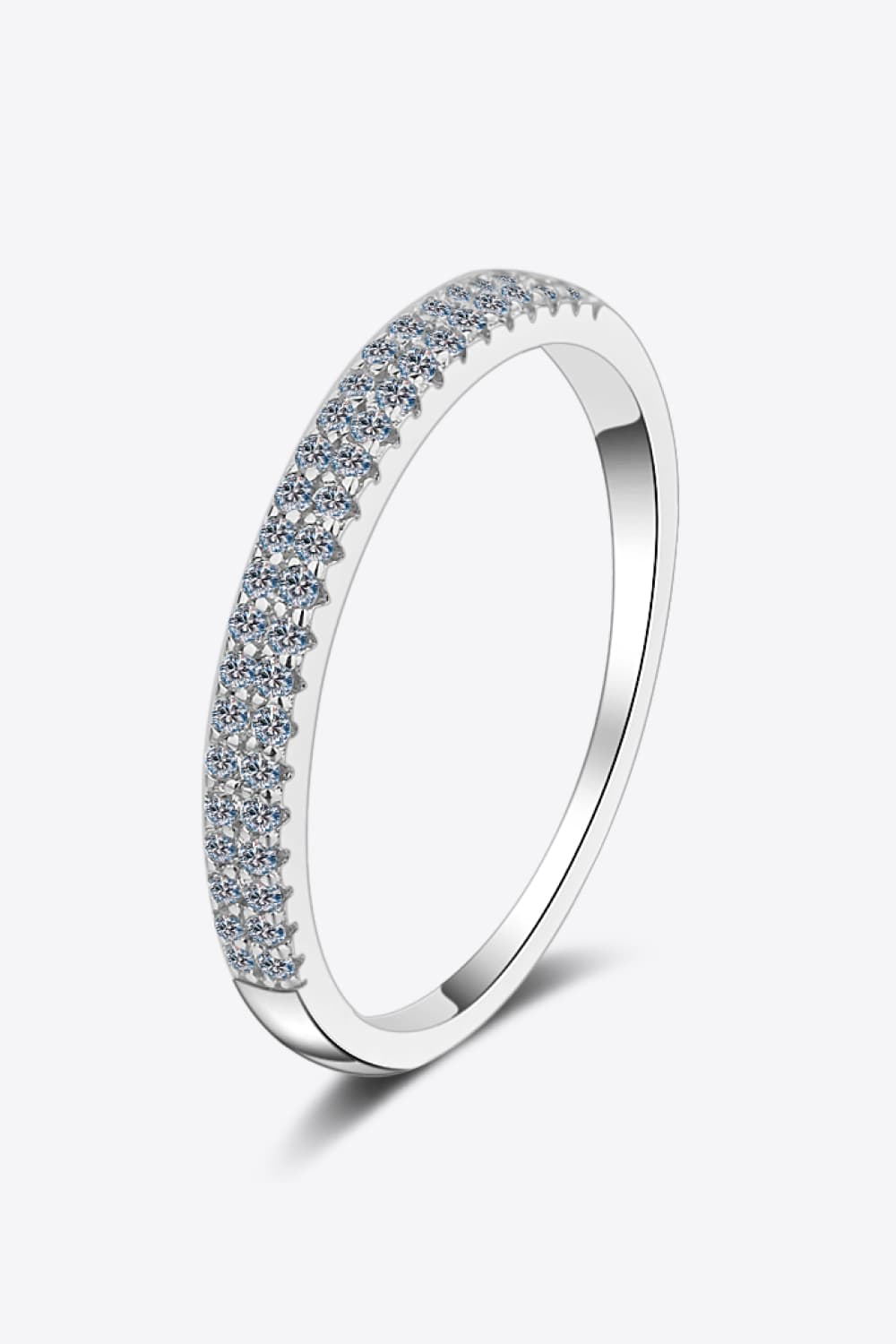 Pavé band sterling silver ring with two rows of clear cubic zirconia stones.