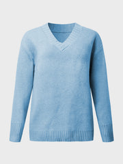 Cloudy Blue V-neck knit sweater with ribbed trim on neckline, cuffs, and hem.