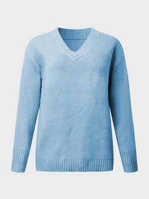 Cloudy Blue V-neck knit sweater with ribbed trim on neckline, cuffs, and hem.