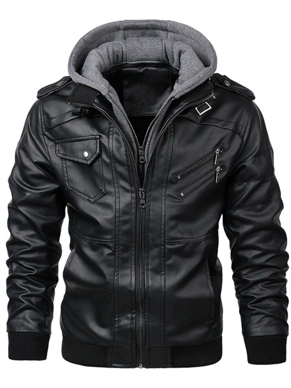 Men's Full Size Hooded Faux Leather Motorcycle Jacket in Black, side view