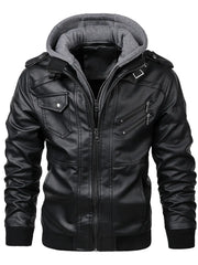 Men's Full Size Hooded Faux Leather Motorcycle Jacket in Black, side view