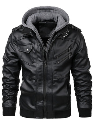 Men's Full Size Hooded Faux Leather Motorcycle Jacket in Black, side view
