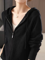 Black ribbed knit zip-through hoodie with a full zip closure and hood.