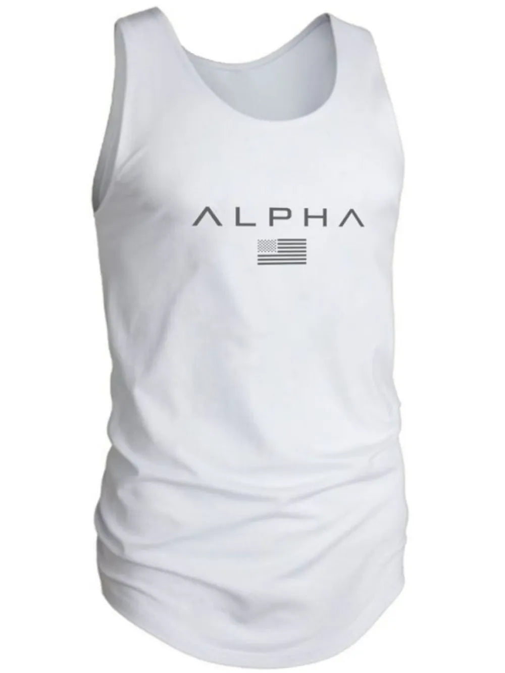 White Alpha graphic muscle tank with American flag detail.