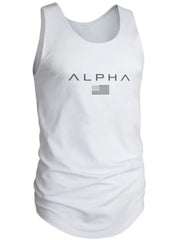 White Alpha graphic muscle tank with American flag detail.