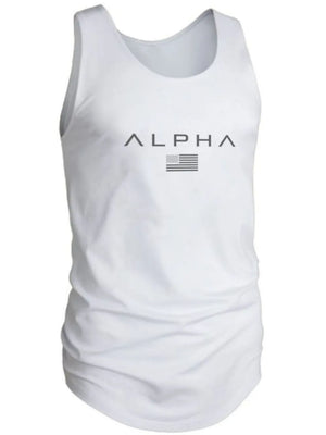 White Alpha graphic muscle tank with American flag detail.