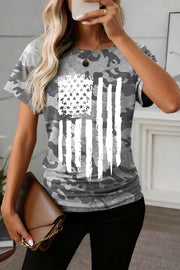 Grey camouflage crew neck t-shirt with a distressed white American flag graphic.