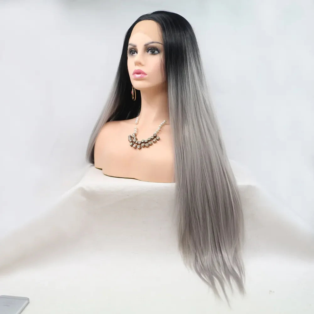 Ombre Cascade lace front wig in black to grey, sleek straight style.