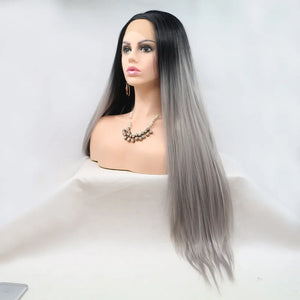 Ombre Cascade lace front wig in black to grey, sleek straight style.