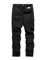 Men's black functional cargo pants with multiple pockets and buckle details.