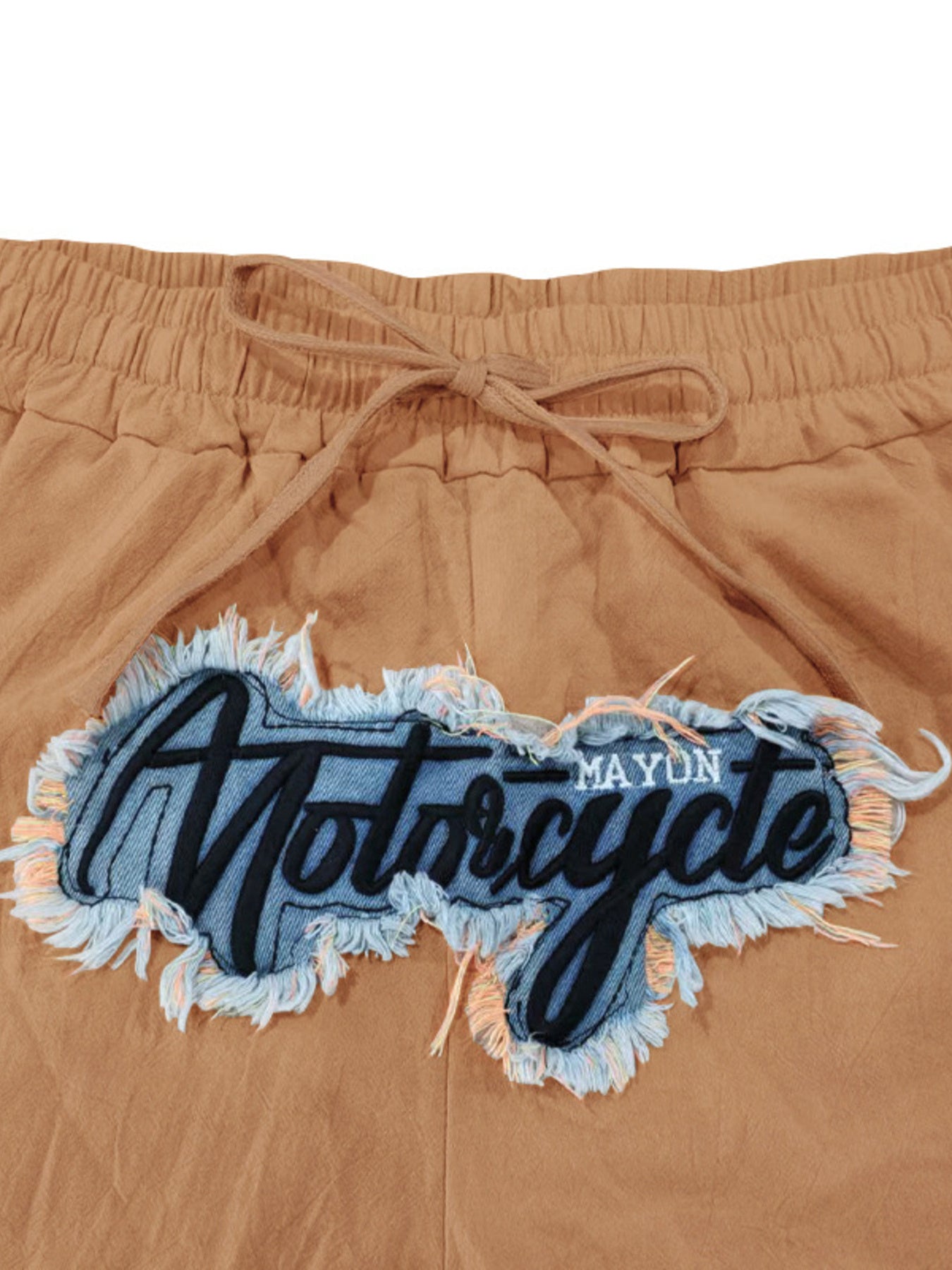 Khaki sweatpants with drawstring and distressed motorcycle graphic patch