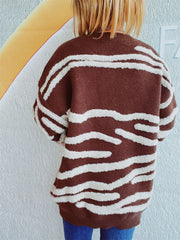 Brown textured stripe knit crewneck sweater with a relaxed fit.