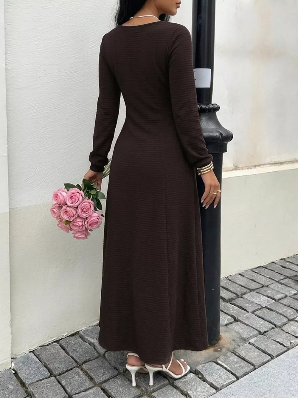 Long Sleeve Tie-front Maxi Dress in Brown, fabric detail