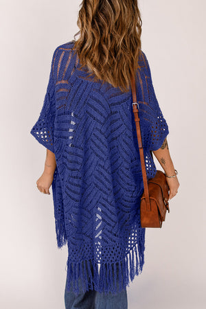 Open knit chevron fringe cardigan in dark blue with short sleeves and a relaxed fit.