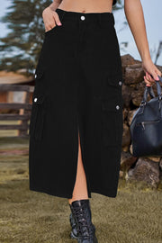 Black denim midi skirt with cargo pockets and front slit