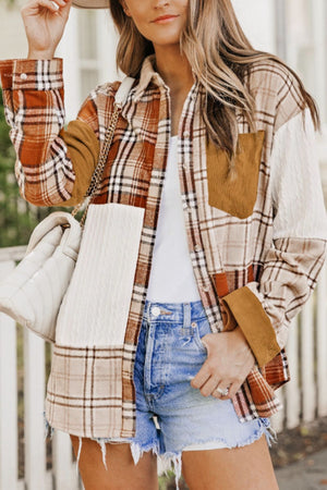 Patchwork plaid knit shacket in sherbet with contrasting cable knit panels and corduroy pocket.