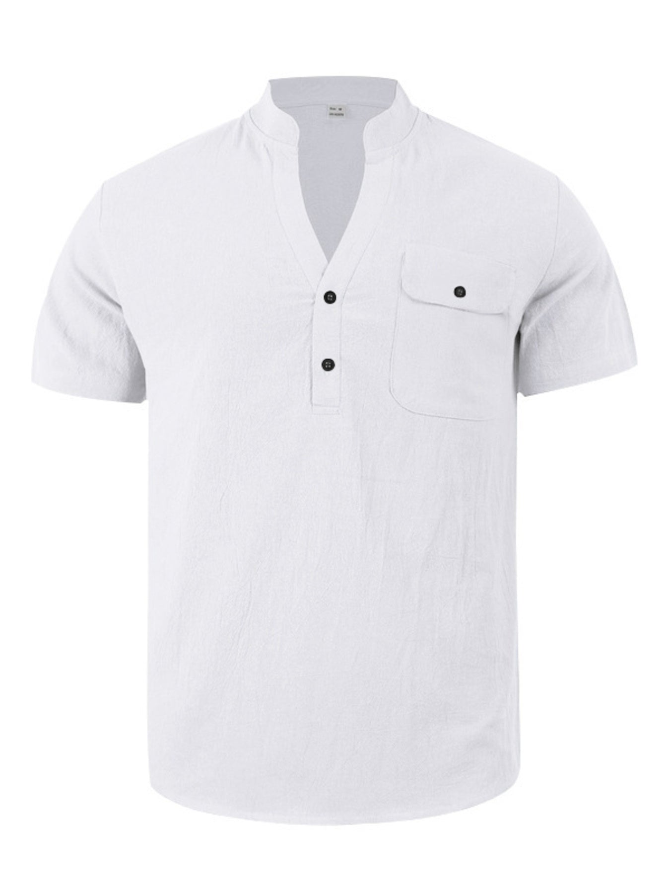 White short sleeve henley shirt with band collar, button placket, and chest pocket.