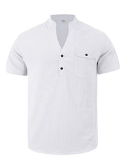 White short sleeve henley shirt with band collar, button placket, and chest pocket.