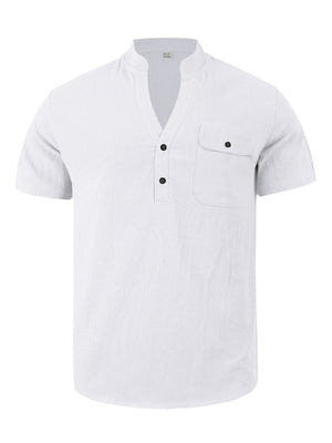 White short sleeve henley shirt with band collar, button placket, and chest pocket.
