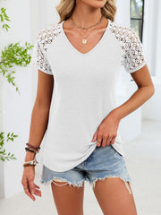 White waffle knit t-shirt with lace short sleeves and V-neck.