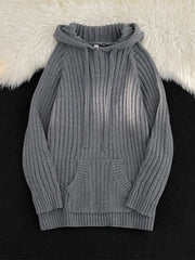 Gray ribbed knit hooded sweater with drawstring and front pocket.