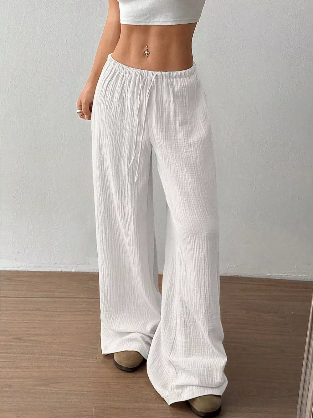 Wide-leg Drawstring Cotton Pants, model styling view