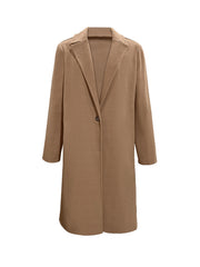 Camel wool-blend overcoat with single button closure and notched lapels.