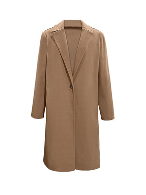 Camel wool-blend overcoat with single button closure and notched lapels.