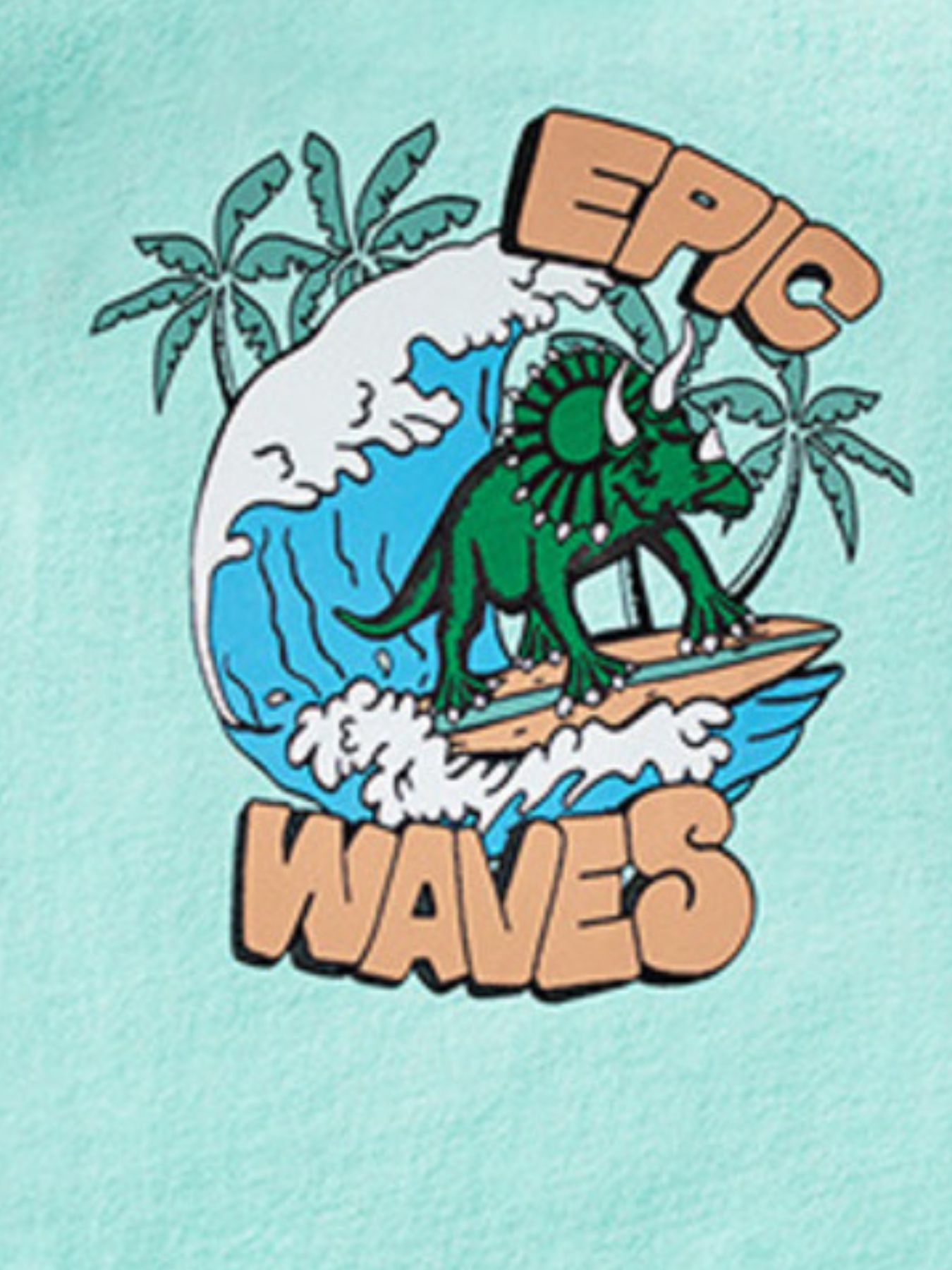 Toddler two-piece set with a green surfing triceratops graphic and "Epic Waves" text.