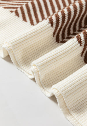Chevron knit crewneck sweater in cream with brown pattern detail