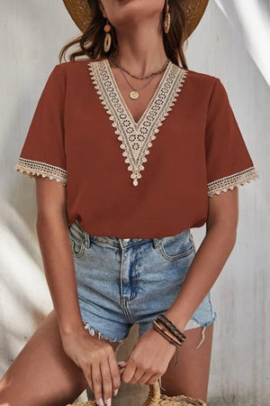Brown V-neck blouse with lace trim on neckline and sleeves