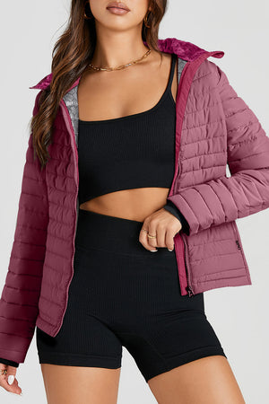 Quilted stand collar puffer jacket in Deep Purple with textured lining.