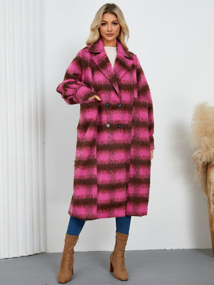 Checked plaid oversized cocoon coat in hot pink and brown with double-breasted closure and side pockets.