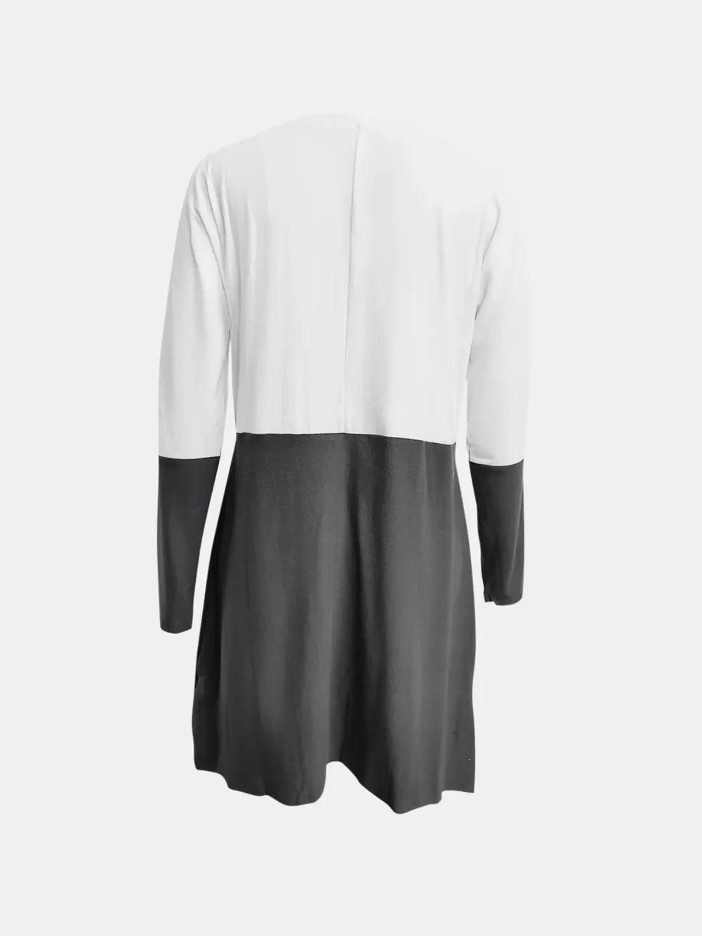 Colorblock tunic dress in gray and white with long sleeves.