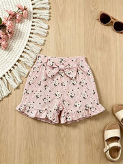 Pink floral ruffle shorts with a bow detail for baby girls.