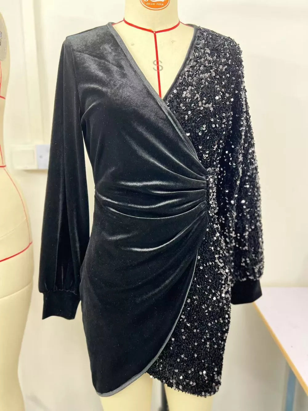 Velvet Sequin Long Sleeve Wrap Dress in Gold, model styling view