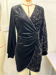 Velvet Sequin Long Sleeve Wrap Dress in Gold, model styling view