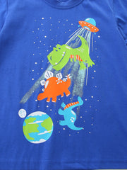 Blue cotton t-shirt with playful dinosaurs and UFO graphic print.