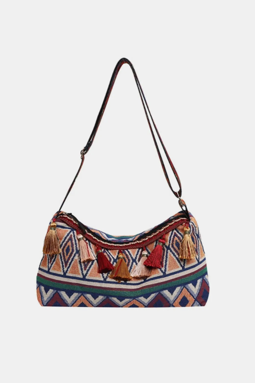 Geometric embroidered shoulder bag with multiple colorful tassels and a patterned strap.