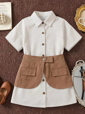 Children's Striped Shirt Dress With Belly Band in Khaki, front view